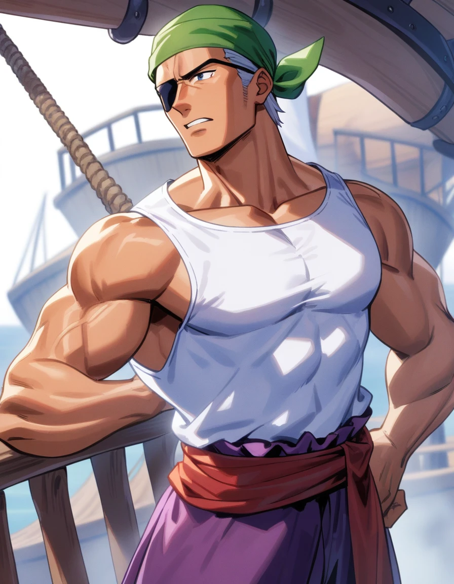 1man, muscular mature, jrpg pirate, green head scarf, gray hair, bangs, blue 1eye, black eyepatch, short hair, ordinary, tanned skin, solo, red waist cloth, purple arabian pants, white sleeveless shirt, loose fitting shirt, tented shirt, on mediaeval ship, 1990s, VHS quality, masterpiece, best quality
