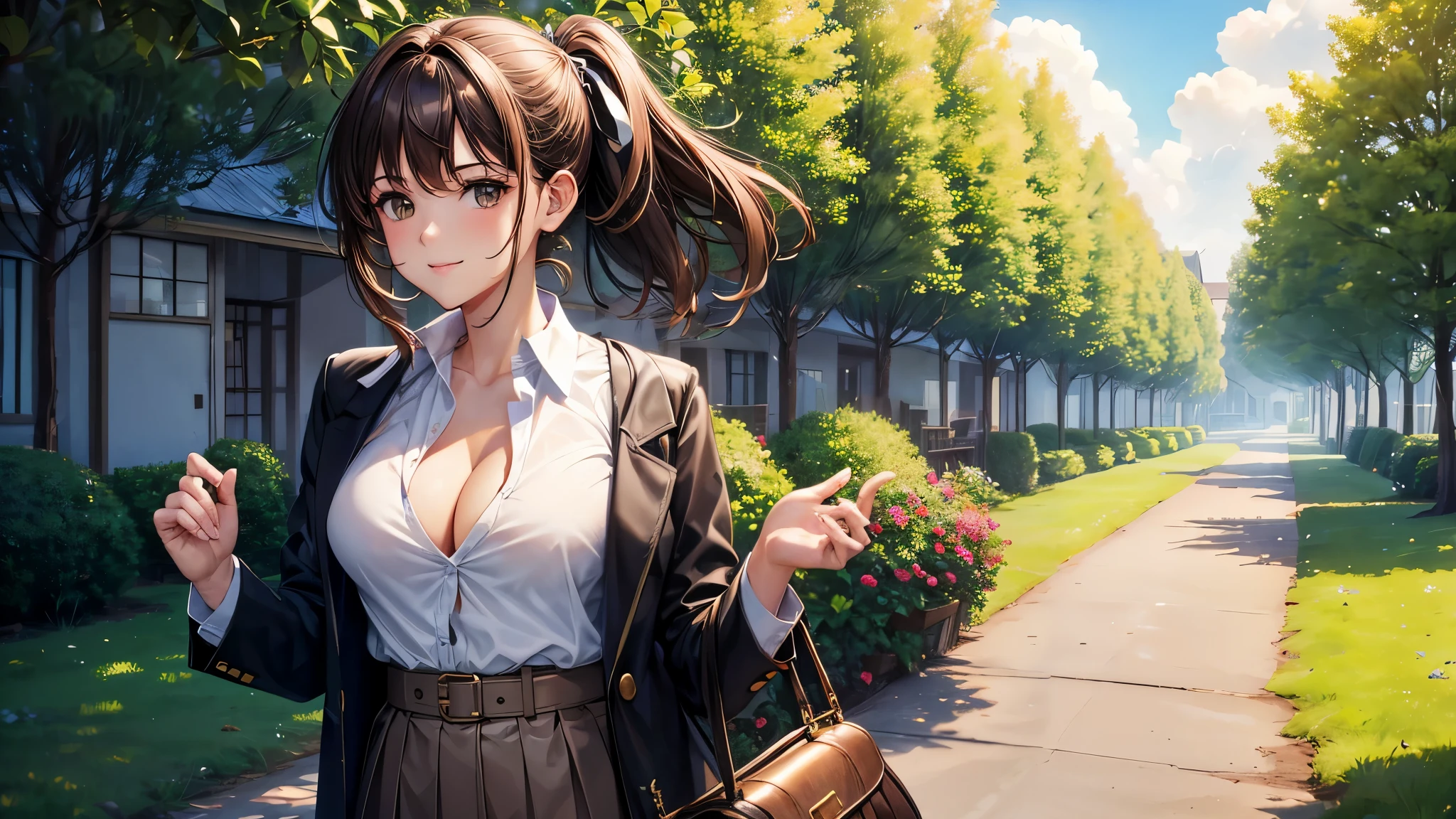 1girl, full body, solo, summer, village, trees, sun, clouds, ((brown hair)), ponytail, large breasts, ((black blazer)), button down shirt, ((white shirt)), ((short sleeved shirt)), ((unbuttoned shirt)), unbuttoning buttons, cleavage 1:3, brown eyes, skirt, smile, looking at the viewer, standing, hair ribbon, golden necklate, shoulder bag
