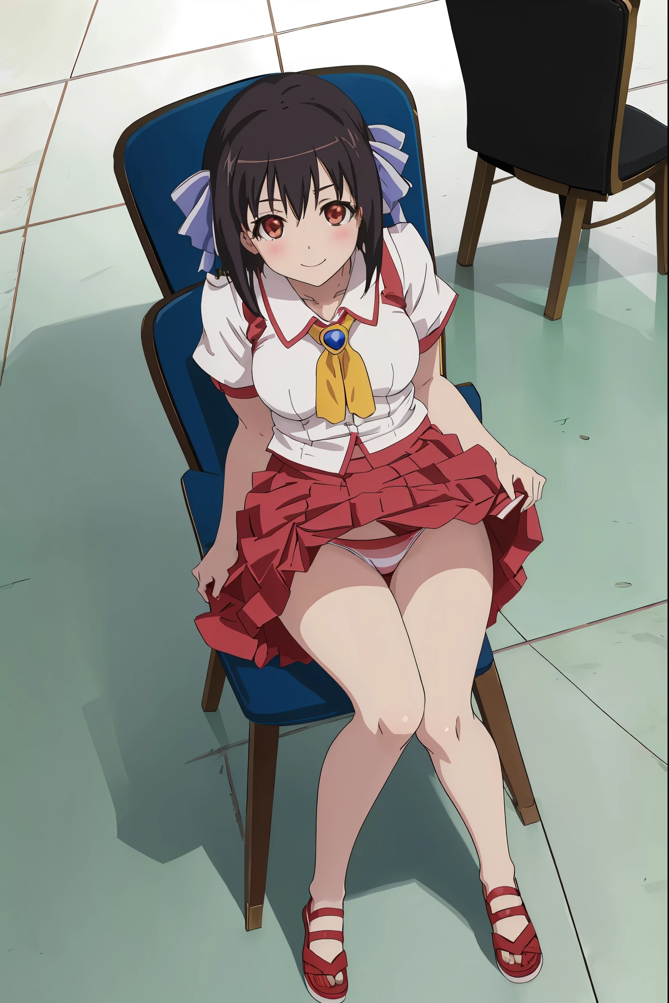 [anime styled]],[[digitalart]],1girl,solo,(portrait),from above,Tomomi_saikyou,black hair,Short hair,bob cut,hair ribbon,midium build,1girl in,short torso,anime screen cap,cel shading,smile, blush,(strong light),((brighten the subject)),classroom,(chair),(sitting),shirt,short sleeves,summer uniform,red skirt,((upskirt)),((skirt lift)),(tucking up the skirt),(light green panties)
