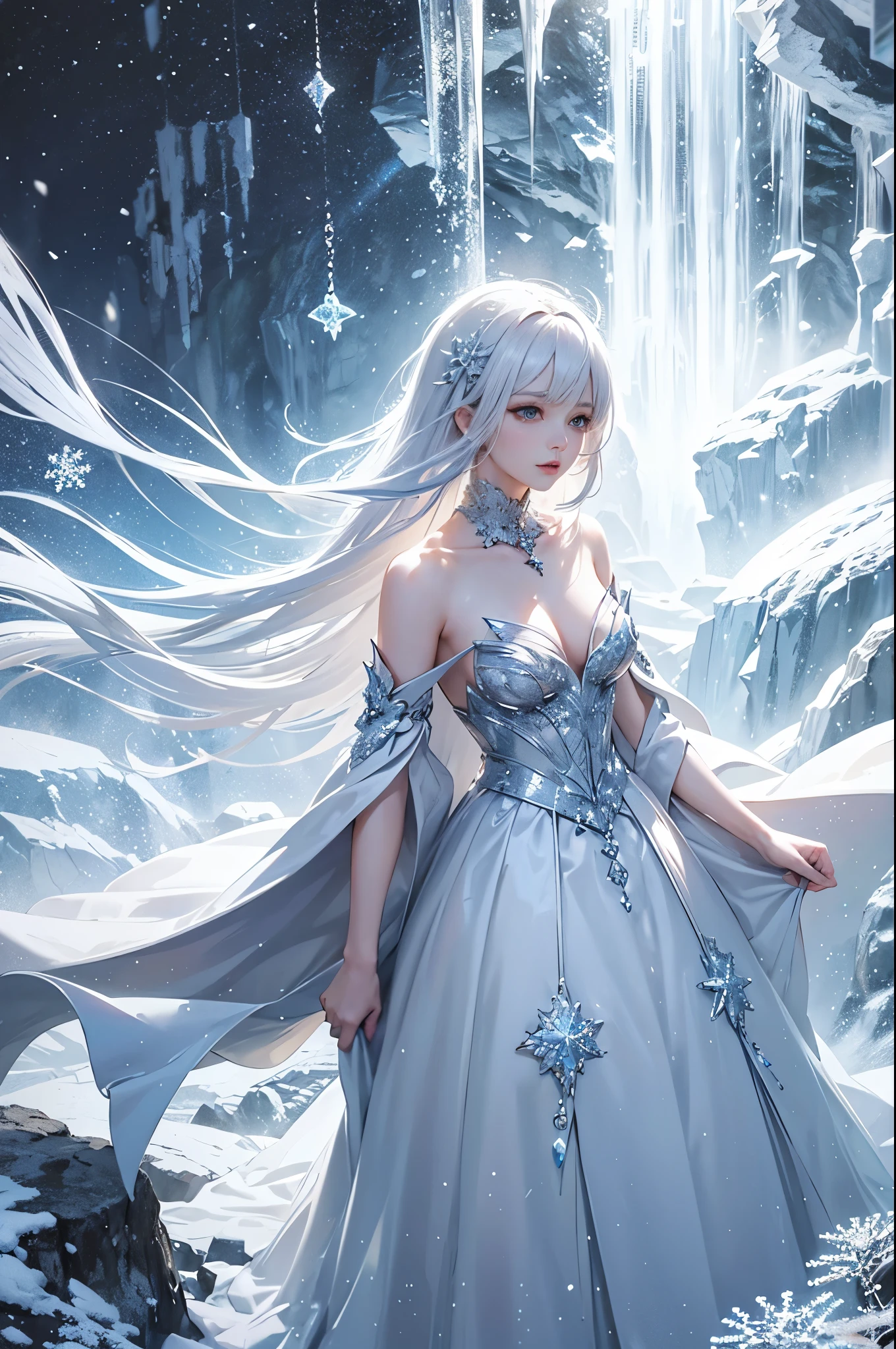 wood, Detailed mini ice spikes and crystals, Frozen waterfall as background, Light reflected on ice crystals, Flowing snowflakes.Beautiful woman、white hair、cutegirl,Realistic people,black dress