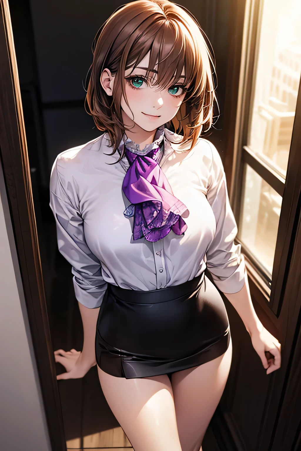 (masterpiece:1.2, highest quality), (Realistic, photoRealistic:1.4), Beautiful illustrations, (Natural Side Lighting, Cinema Lighting),
Looking at the audience, Face Focus, Upper Body, 1 female, (solo), Japanese, Perfect Face, Perfect body, Symmetrical cute face, Shiny skin, Baby Face, Medium chest:1.4
((Medium Hair:1.4, Light brown hair)), Hair between the eyes, Emerald green eyes, Captivating thighs, thin,
Beautiful Hair, Beautiful Face, thin and beautiful eyes, Beautiful clavicle, Beautiful body, Beautiful breasts, Beautiful thighs, Beautiful legs, Beautiful fingers,
(((Ascot Shirt:1.3), Black tight skirt)),
(Beautiful views), evening, (office), Are standing, (Cute Smile, Superior),