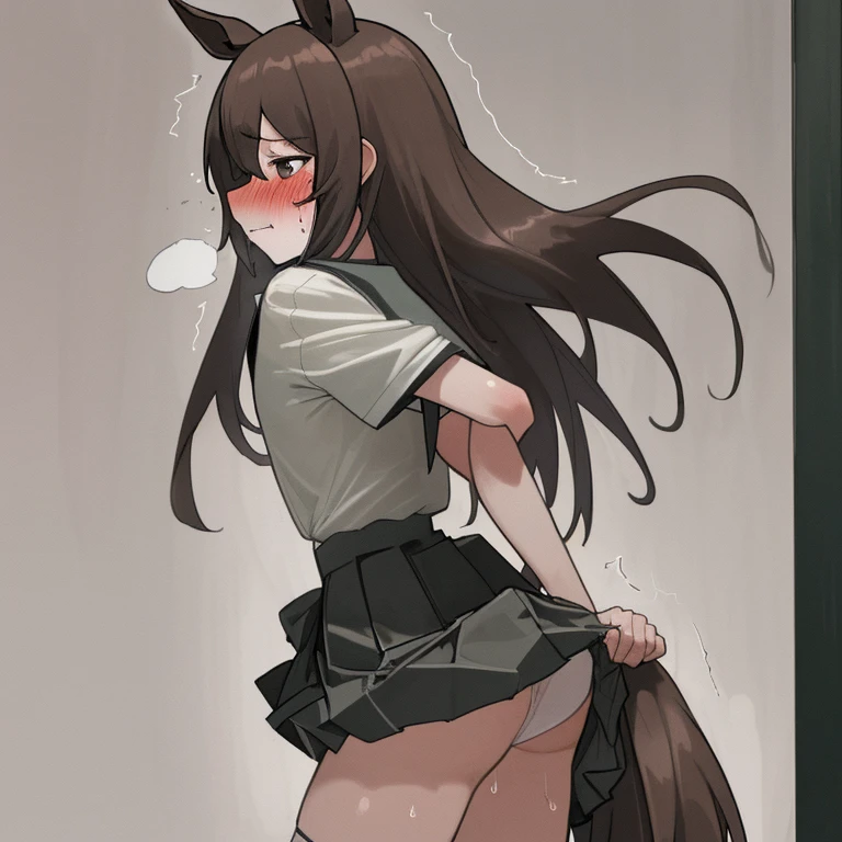masterpiece, 8K Wallpaper, highest quality, 1 Girl, Silence Suzuka, blush,Wear a skirt,Lift up the skirt,Embarrassed,Sweating profusely,Breathless,Horse Girl,Horse's ears,No bra