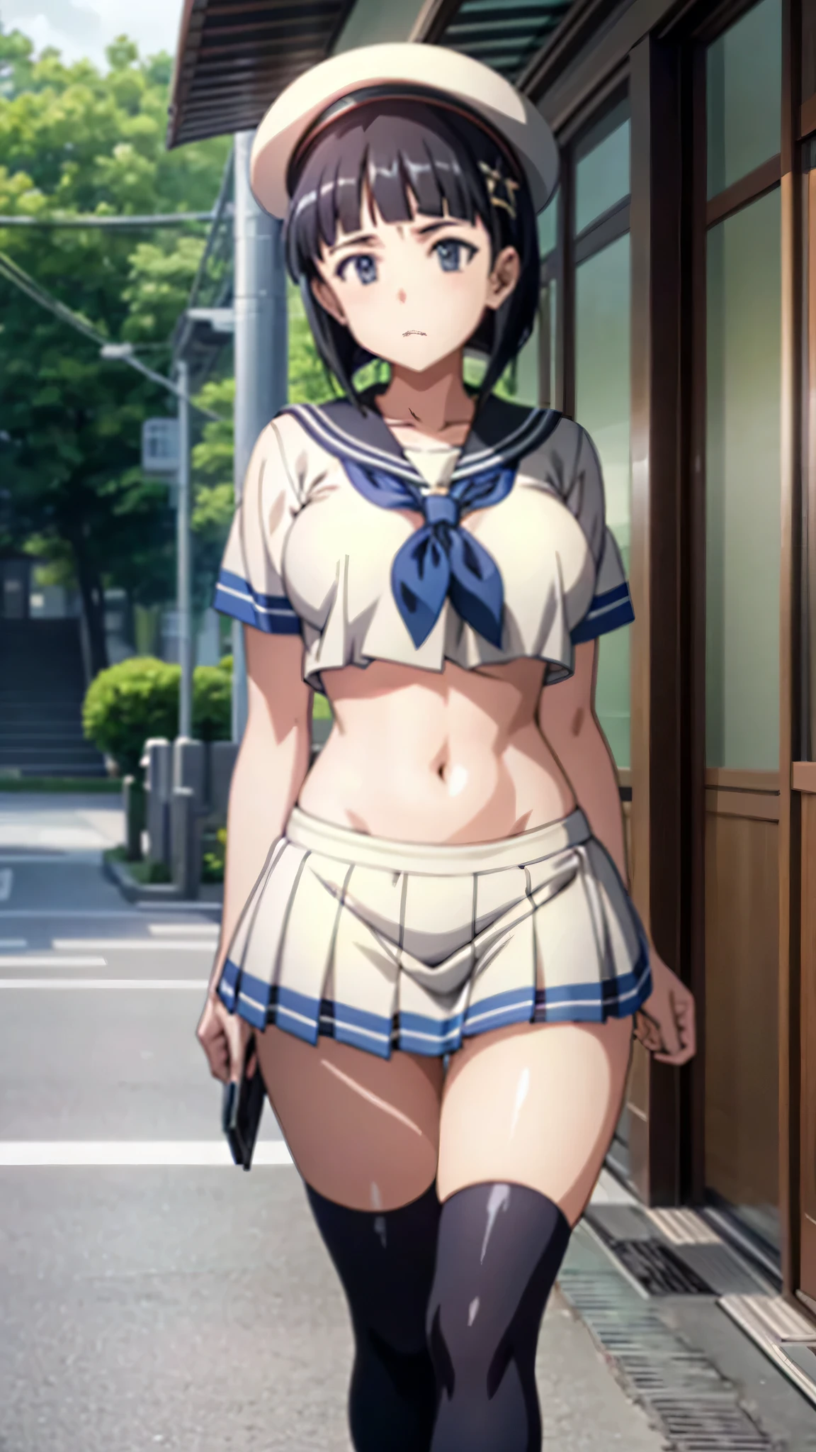 Suguha Kirigaya in a short-sleeved sailor suit and very short miniskirt,A sailor uniform that shows off her underboobs and a low-rise miniskirt