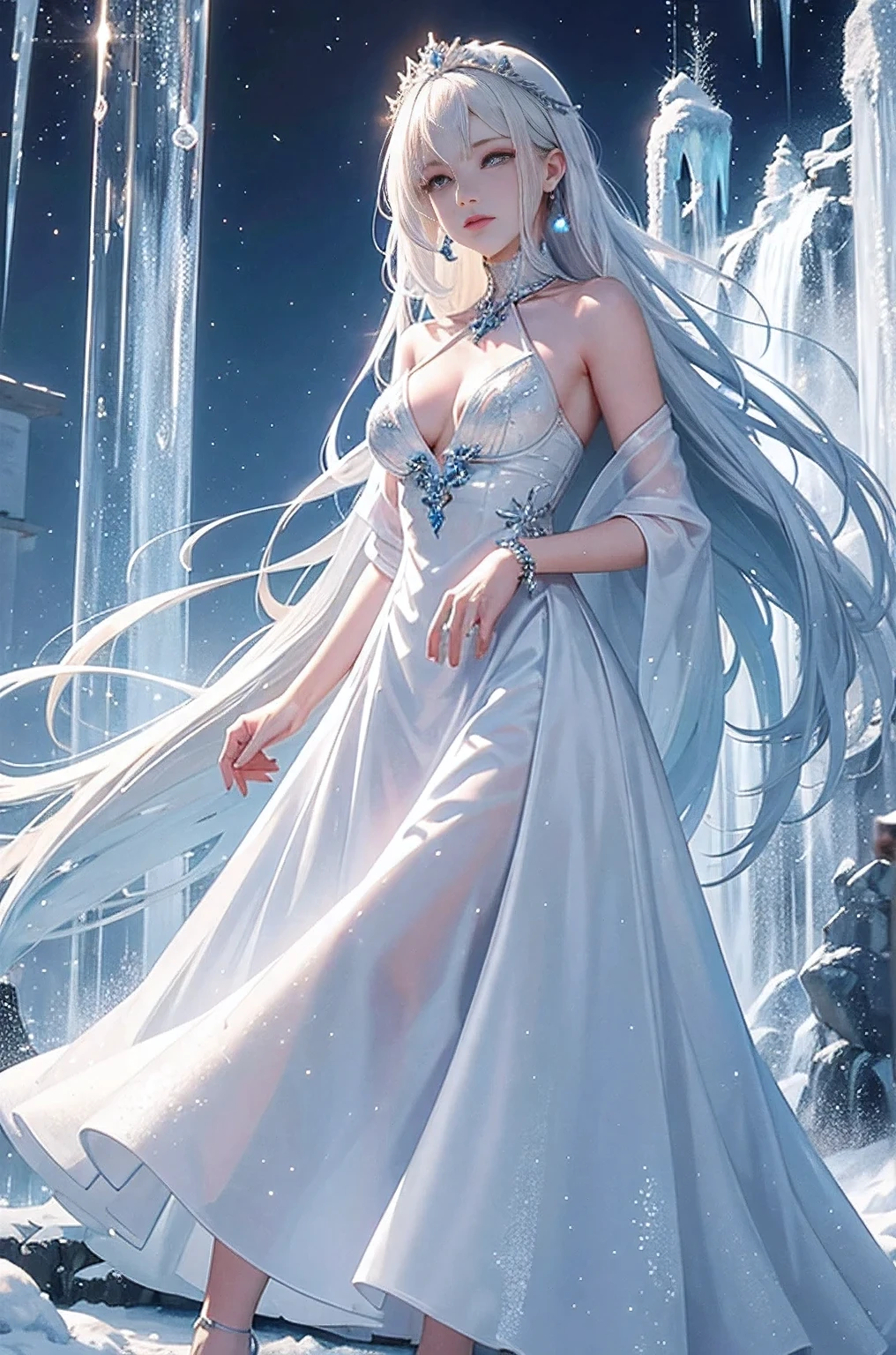 wood, Detailed mini ice spikes and crystals, Frozen waterfall as background, Light reflected on ice crystals, Flowing snowflakes.Beautiful woman、white hair、cutegirl,Realistic people,black dress