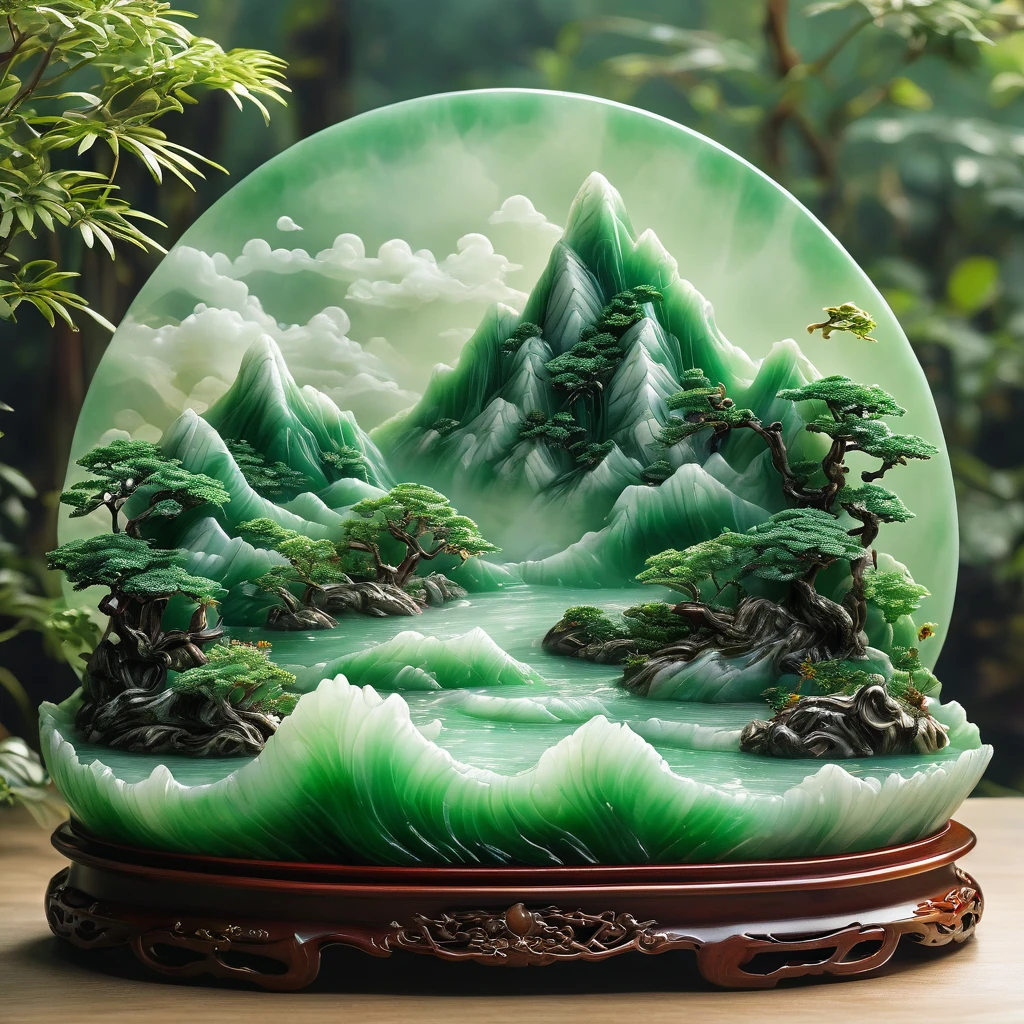 best quality, very good, 16K, ridiculous, Extremely detailed, Gorgeous mountain，Made of translucent jadeite, Background grassland（（A masterpiece full of fantasy elements）））， （（best quality））， （（Intricate details））（8k）