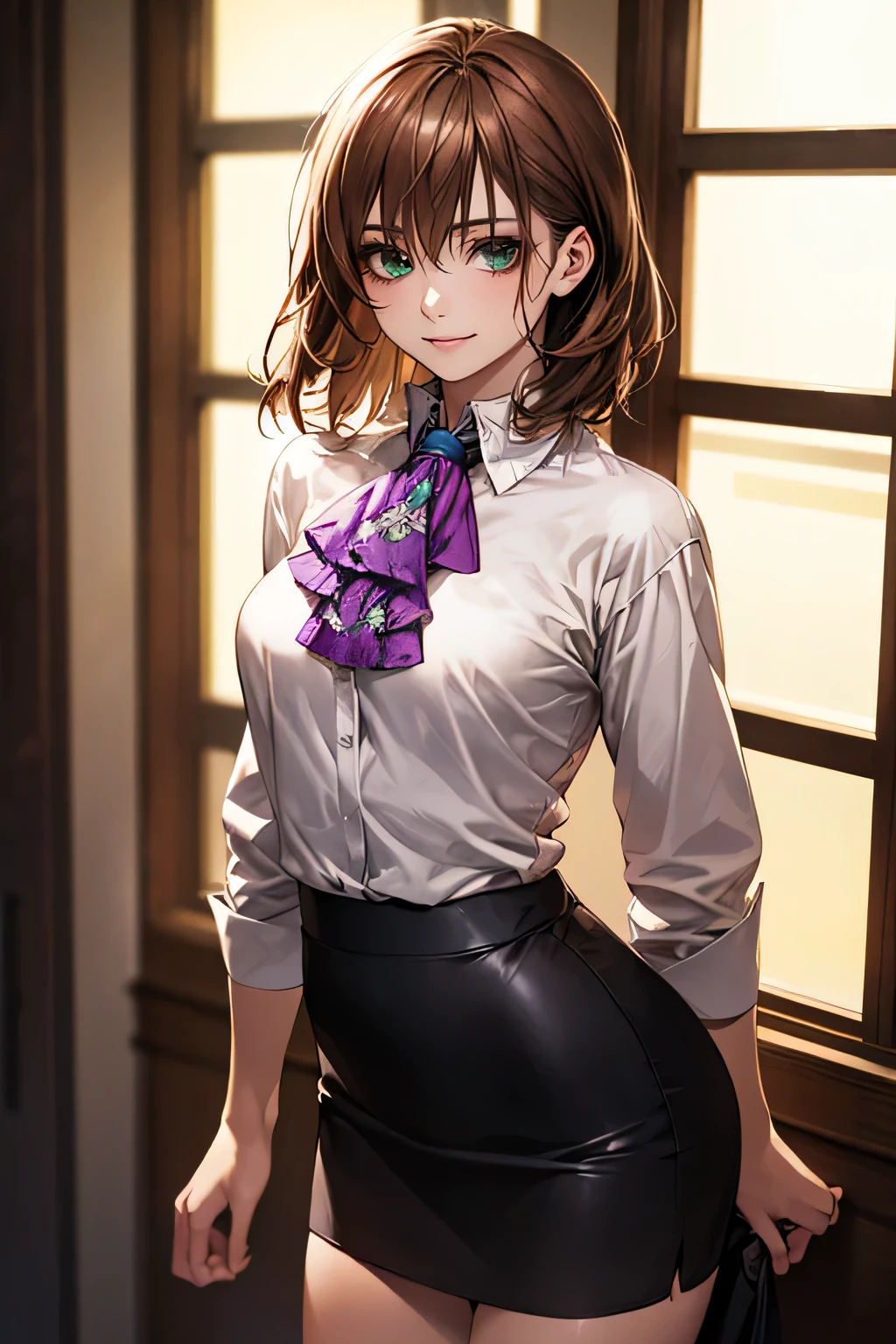 (masterpiece:1.2, highest quality), (Realistic, photoRealistic:1.4), Beautiful illustrations, (Natural Side Lighting, Cinema Lighting),
Looking at the audience, Face Focus, Upper Body, 1 female, (solo), Japanese, Perfect Face, Perfect body, Symmetrical cute face, Shiny skin, Baby Face, Medium chest:1.4
((Medium Hair:1.4, Light brown hair)), Hair between the eyes, Emerald green eyes, Captivating thighs, thin,
Beautiful Hair, Beautiful Face, thin and beautiful eyes, Beautiful clavicle, Beautiful body, Beautiful breasts, Beautiful thighs, Beautiful legs, Beautiful fingers,
(((Ascot Shirt:1.3), Black tight skirt)),
(Beautiful views), evening, (office), Are standing, (Cute Smile, Superior),