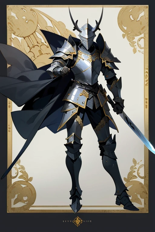 ((highest quality)), ((masterpiece)), (Familiar), One man,Fantasy,(Armored warrior),Full Body Armor,Full-face helmet,Two-horned helmet,((Black armor)),Great sword,((Black Armor)),Golden decoration,White pattern,Cape