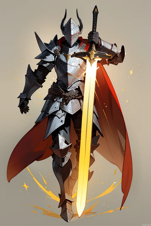((highest quality)), ((masterpiece)), (Familiar), One man,Fantasy,(Armored warrior),Full Body Armor,Full-face helmet,Two-horned helmet,((Black armor)),Great sword,((Black Armor)),Golden decoration,White pattern,Cape