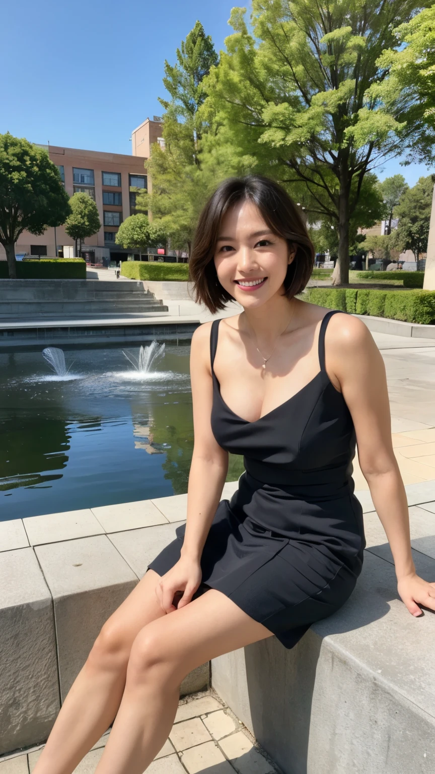 最high quality, In 8K, Masseter region, Vibrant, Sharp focus, high quality, High resolution, Detailed face, fine grain, Thick lips, (Looking at the audience), alone, Beautiful woman, 38 years old, Japanese women, (Short black hair:1.4)、(Bob Hair:1.4), Cleavage, Lunch break、Large city park、Green Grass、In front of a big fountain、(sitting on a park bench:1.3)、(Full body photo:1)、(Grey Formal Dress:1.5)、(Knee length dresses:1.5)、(Black pumps:1.5)、(Red lipstick:1)、(smile:1.3)、(Standard body type)、(D cup breasts)