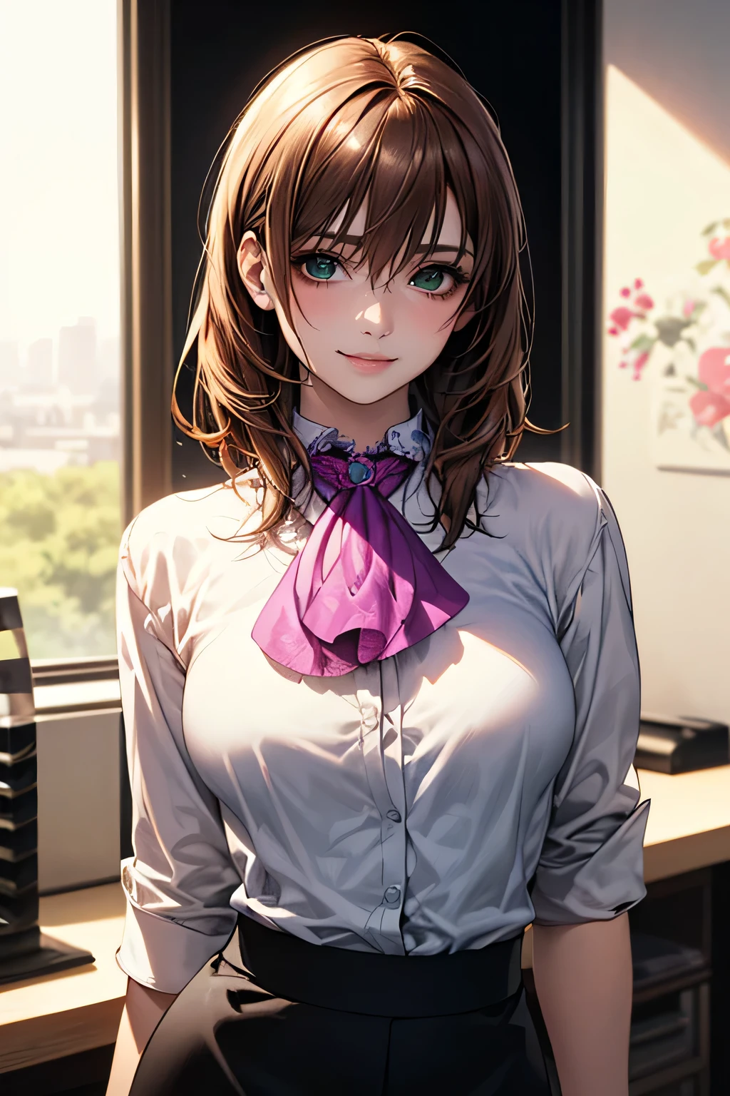 (masterpiece:1.2, highest quality), (Realistic, photoRealistic:1.4), Beautiful illustrations, (Natural Side Lighting, Cinema Lighting), 
Looking at the audience, Face Focus, Upper Body, 1 female, (solo), Japanese, Perfect Face, Perfect body, Symmetrical cute face, Shiny skin, Baby Face, Medium chest:1.4
((Medium Hair:1.4, Light brown hair)), Hair between the eyes, Emerald green eyes, Captivating thighs, thin, 
Beautiful Hair, Beautiful Face, thin and beautiful eyes, Beautiful clavicle, Beautiful body, Beautiful breasts, Beautiful thighs, Beautiful legs, Beautiful fingers, 
(((Ascot Shirt:1.3), Black tight skirt)), 
(Beautiful views), evening, (office), Are standing, (Cute Smile, Superior),