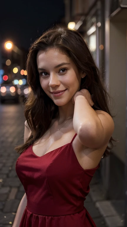 Hyperrealistic photography, mignon , 30 ans, longs cheveux bruns, Ko, smiling, wearing a red dress, taking a selfie , in the city, viewe,photo nette, , Dark brown hair, Long Dark brown hair, corps parfait, Model you are looking for, Realistic photo of a girl, sombre dehors, Just after sunset