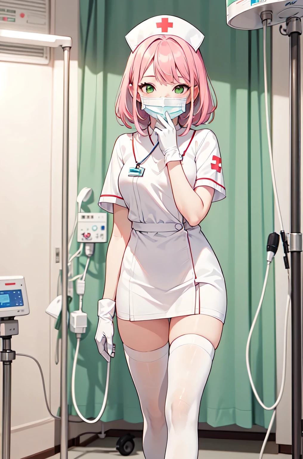 1woman, solo, nurse, white nurse cap, white nurse uniform, ((white legwear, zettai ryouiki)), white gloves, pink hair, green eyes, drooping eyes, ((white surgical mask, covered nose)), standing, ((hospital room)), sharp outline, short sleeves, mature female, 32 years old, best quality, masterpiece