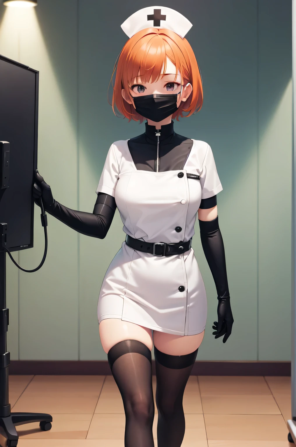 black nurse, 1girl, solo, black nurse cap, black nurse uniform, ((black legwear, zettai ryouiki)), black elbow gloves, very short hair, orange hair, ((black surgical mask, covered nose)), standing, ((surgery room)), sharp outline, short sleeves, tomboy, boyish, best quality, masterpiece