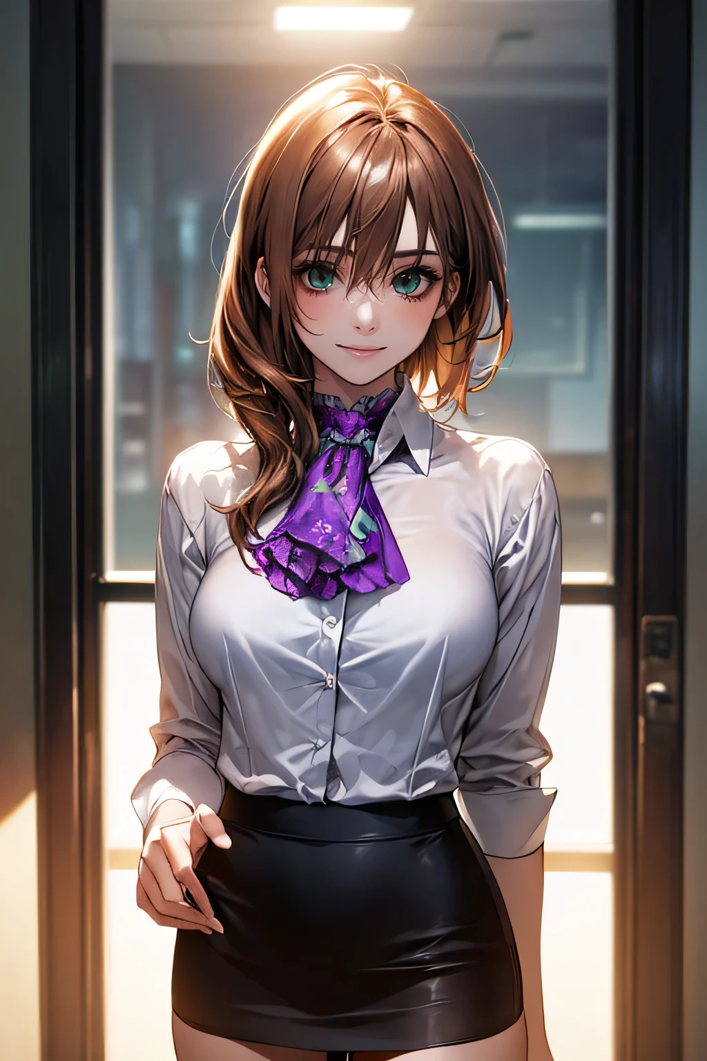 (masterpiece:1.2, highest quality), (Realistic, photoRealistic:1.4), Beautiful illustrations, (Natural Side Lighting, Cinema Lighting),
Looking at the audience, Face Focus, Upper Body, 1 female, (solo), Japanese, Perfect Face, Perfect body, Symmetrical cute face, Shiny skin, , Medium chest:1.4
((Medium Hair:1.4, Light brown hair)), Hair between the eyes, Emerald green eyes, Captivating thighs, thin,
Beautiful Hair, Beautiful Face, thin and beautiful eyes, Beautiful clavicle, Beautiful body, Beautiful breasts, Beautiful thighs, Beautiful legs, Beautiful fingers,
(((Ascot Shirt:1.3), Black tight skirt)),
(Beautiful views), evening, (office), Are standing, (Cute Smile, Superior),