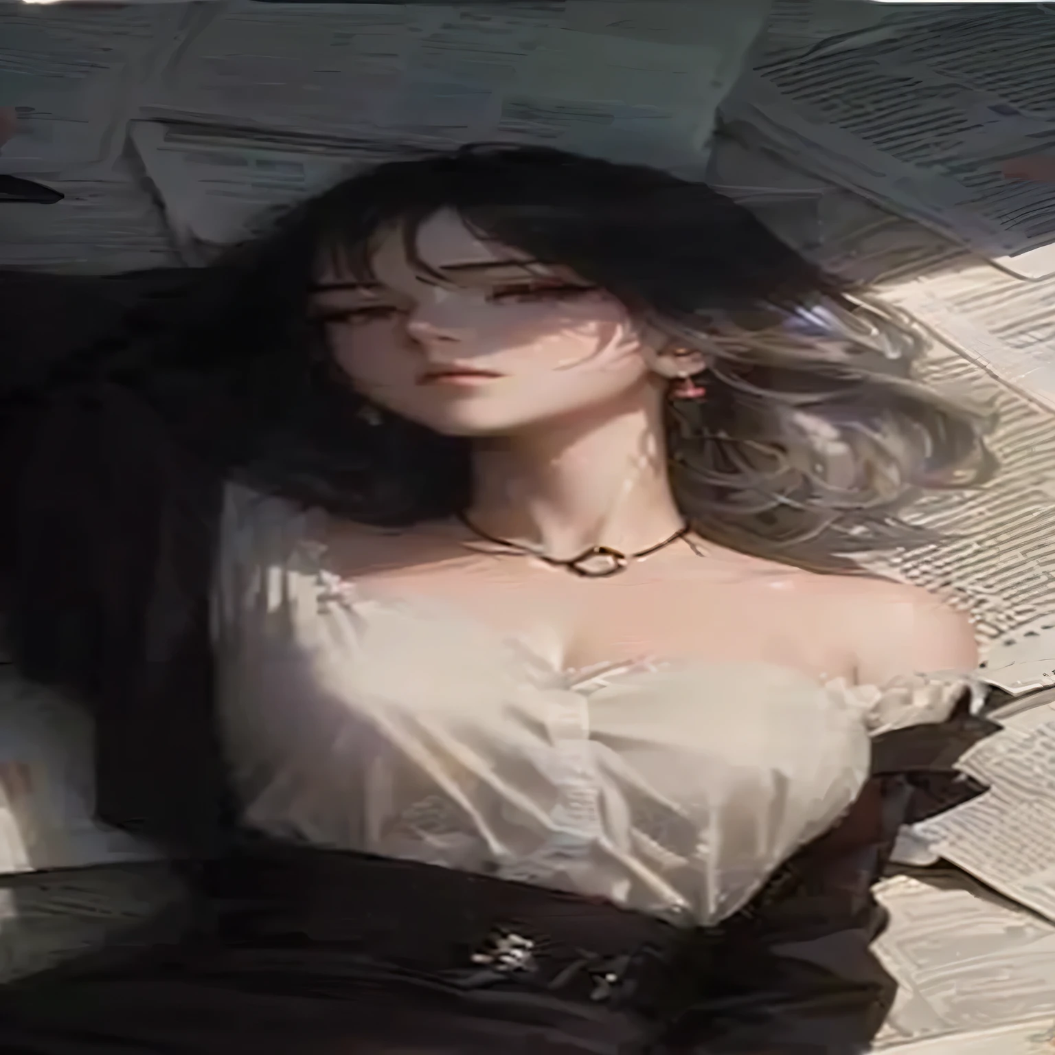 A woman lying in bed，Background is a newspaper, 🌺 CG society, 「Beautiful anime woman, 8k)), Artwork in the style of Guweiz, guweiz, &quot;anime girl, Beautiful anime style, guweiz masterpiece, Guweiz on Pixiv ArtStation, Popular on cgstation, [ trending on CG society ]!!