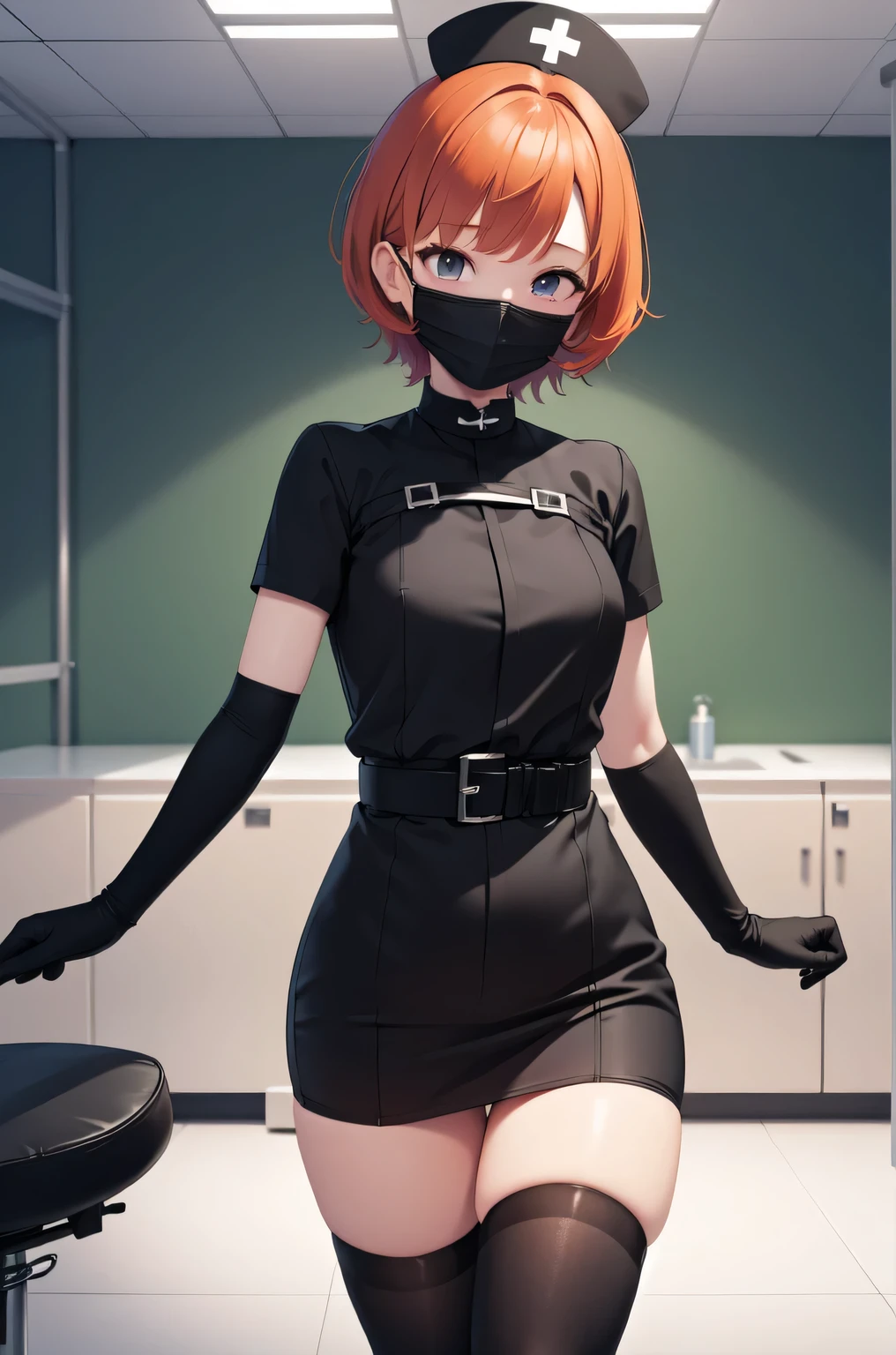 black nurse, 1girl, solo, black nurse cap, black nurse uniform, ((black legwear, zettai ryouiki)), black elbow gloves, very short hair, orange hair, ((black surgical mask, covered nose)), standing, ((surgery room)), sharp outline, short sleeves, tomboy, boyish, best quality, masterpiece