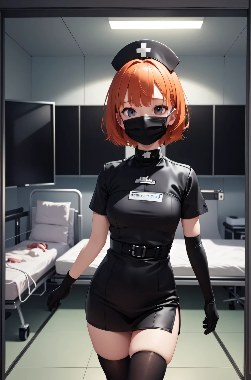 black nurse, 1girl, solo, black nurse cap, black nurse uniform, ((black legwear, zettai ryouiki)), black elbow gloves, very short hair, orange hair, ((black surgical mask, covered nose)), standing, ((surgery room)), sharp outline, short sleeves, tomboy, boyish, best quality, masterpiece