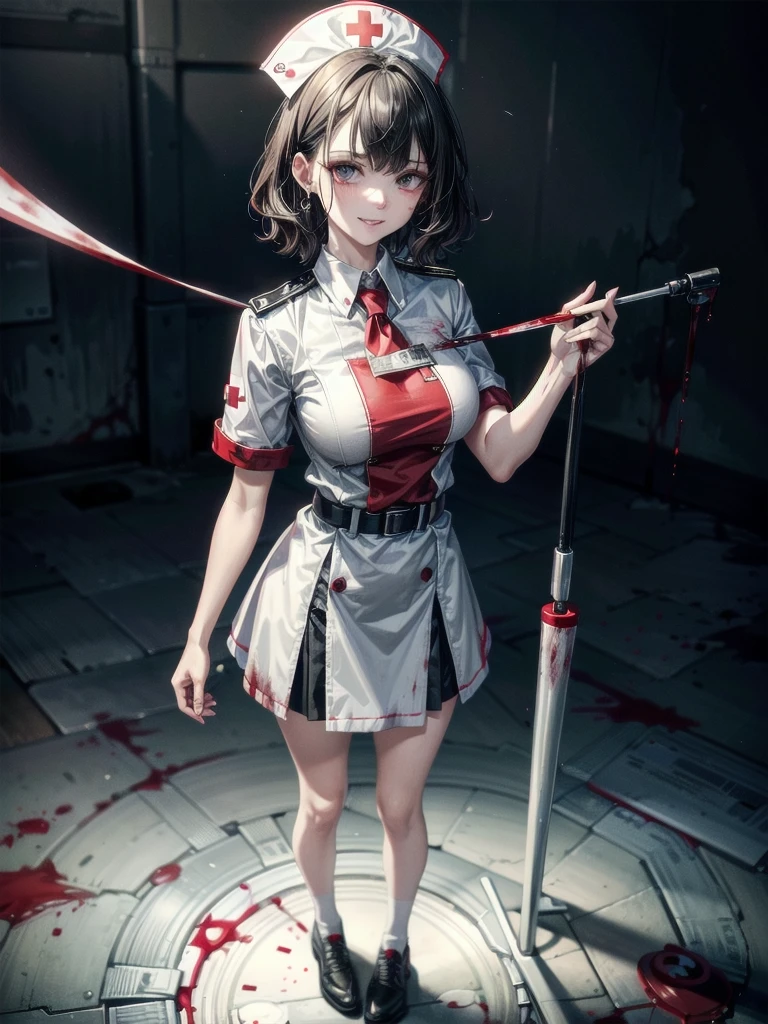 (blood), (blood splatter), (blood on clothes), (blood stain), hospital, ((nurse uniform)), motor-saw, absurdres, RAW photo, extremely delicate and beautiful, masterpiece, Best Quality, ultra high resolution, 32k, hyperrealistic, ultra-detailed, detailed description, pale skin, 20 years old, tearful mole, earring, Colossal tits, short medium hair, wavy hair, evil grin, full body shot,