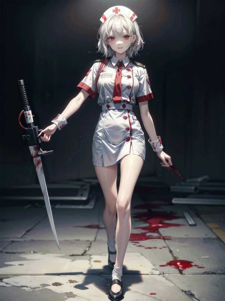 (blood), (blood splatter), (blood on clothes), (blood stain), hospital, ((nurse uniform)), motor-saw, absurdres, RAW photo, extremely delicate and beautiful, masterpiece, Best Quality, ultra high resolution, 32k, hyperrealistic, ultra-detailed, detailed description, pale skin, 20 years old, tearful mole, earring, Colossal tits, short medium hair, wavy hair, evil grin, full body shot,