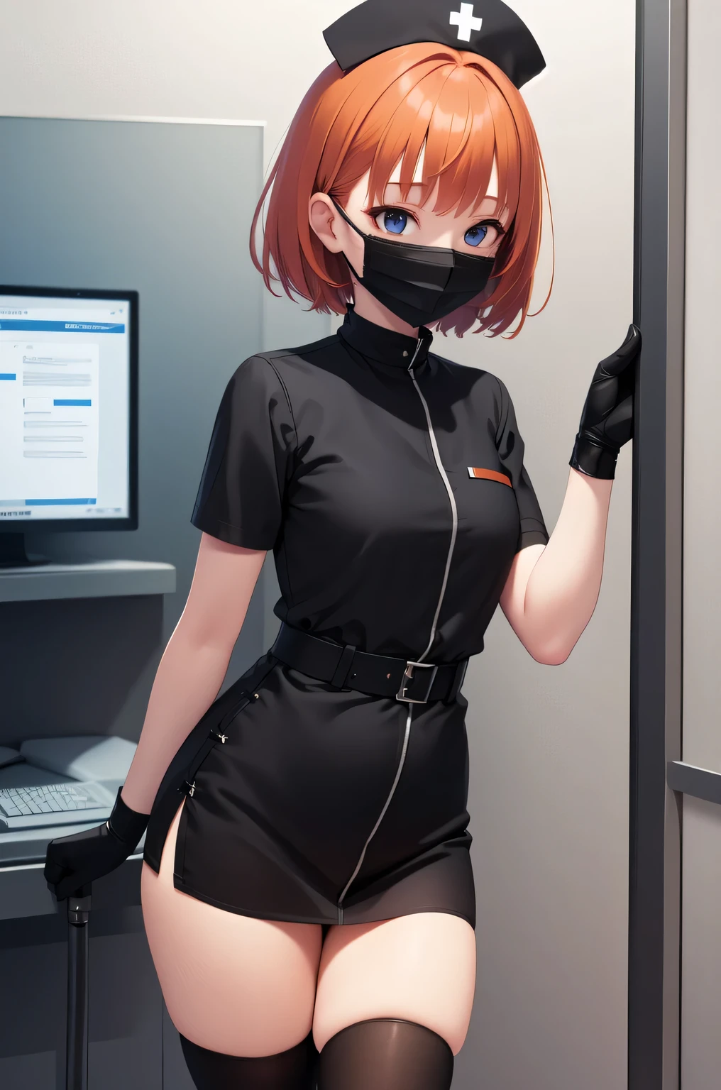 black nurse, 1girl, solo, black nurse cap, black nurse uniform, ((black legwear, zettai ryouiki)), black elbow gloves, very short hair, orange hair, ((black surgical mask, covered nose)), standing, ((surgery room)), sharp outline, short sleeves, tomboy, boyish, best quality, masterpiece