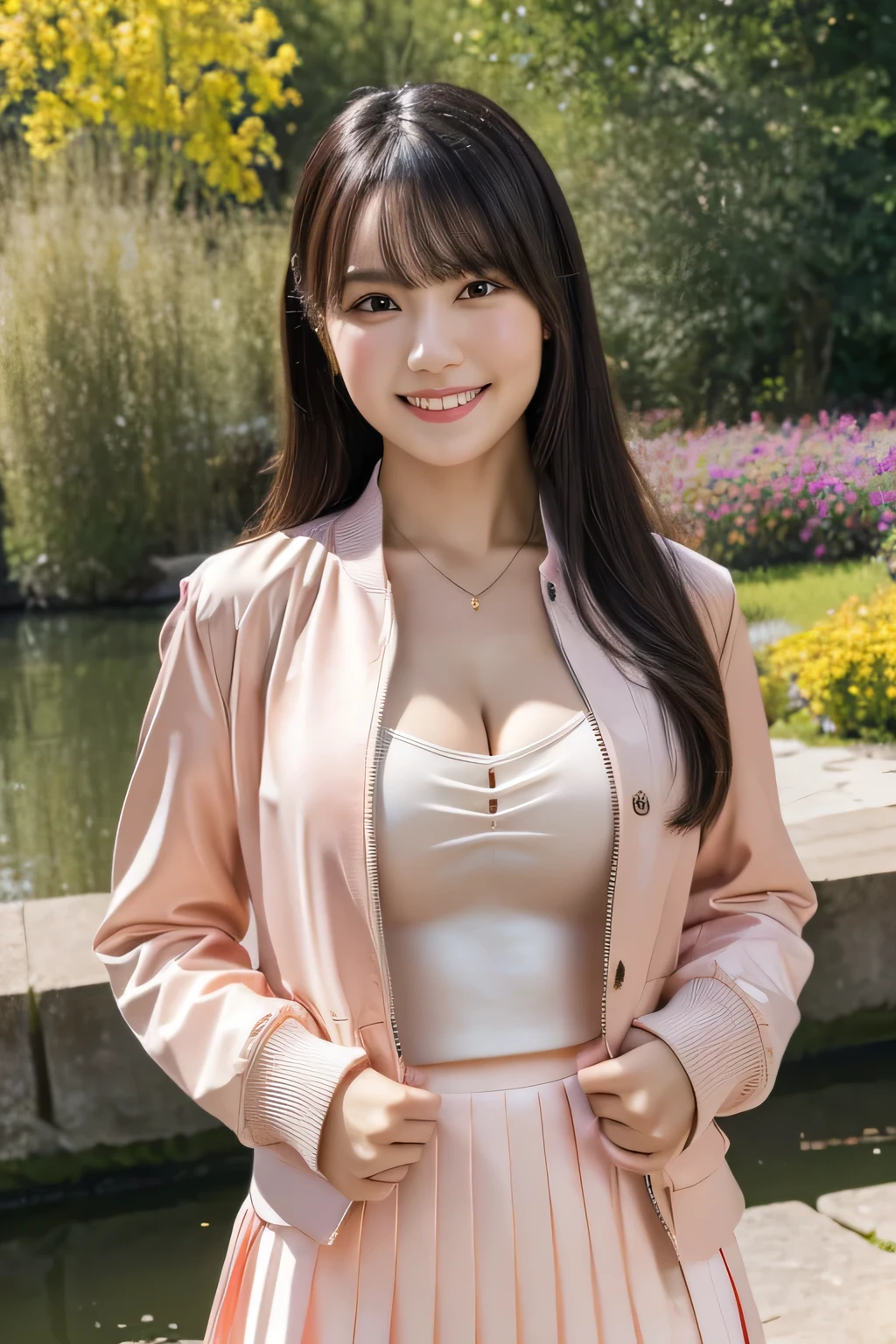 masterpiece, best quality:1.1), (8k, raw photo, photo realistic:1.2, f22), (shiny skin), detailed skin,medium hair,detailed face, detailed eyes, smile, intricate details, 1girl, jacket ,mini skirt,orange, pink, cleavage, by the pond
