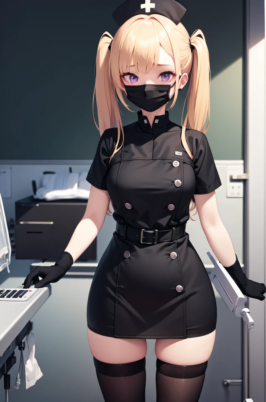 black nurse, 1girl, solo, black nurse cap, black nurse uniform, ((black legwear, zettai ryouiki)), black elbow gloves, twintails, yellow hair, purple eyes, ((black surgical mask, covered nose)), standing, ((surgery room)), sharp outline, short sleeves, best quality, masterpiece