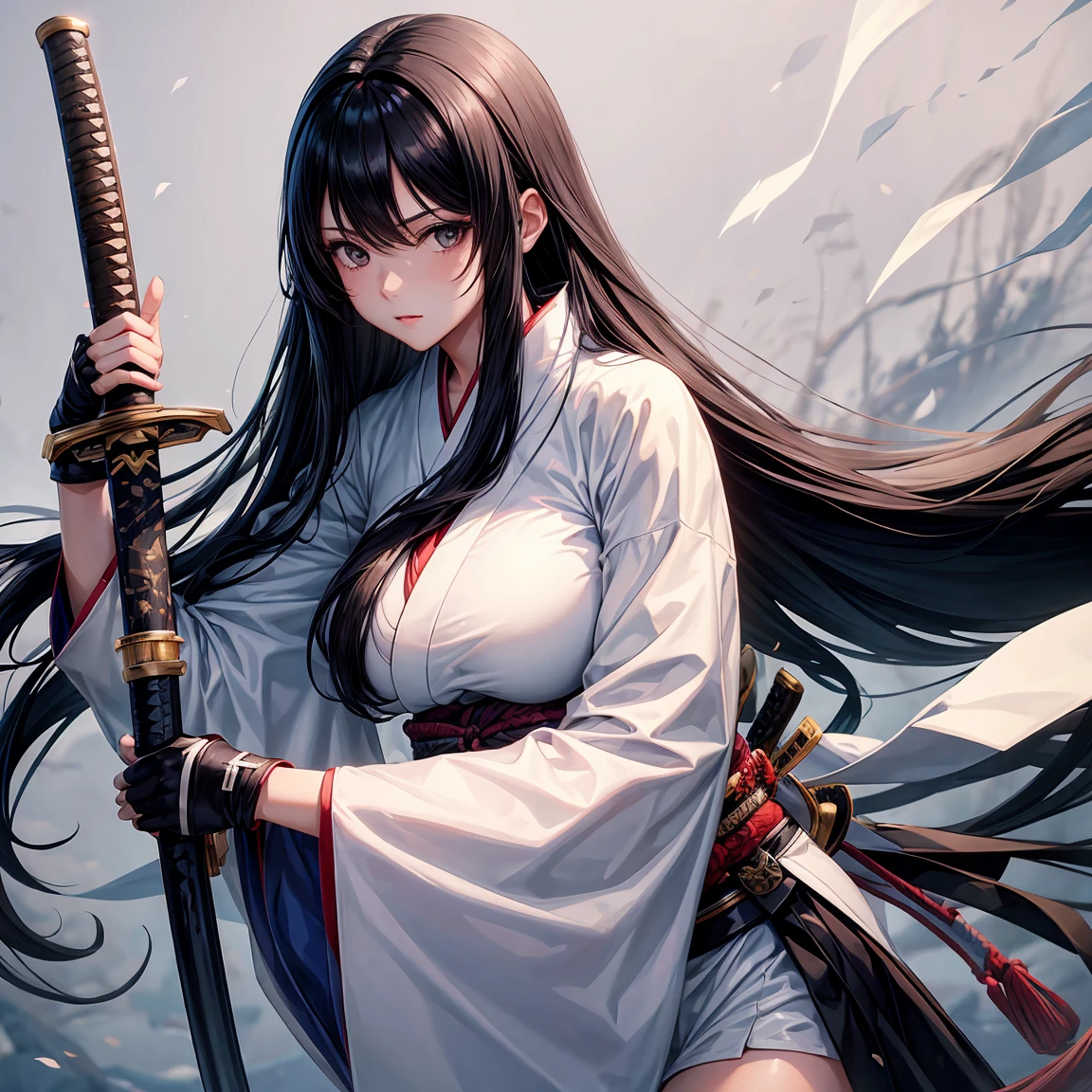 1 girl,black hair,black eyes,long hair,straight hair,large breasts,white kimono,katana,standding,fantasy,clear sky,katana