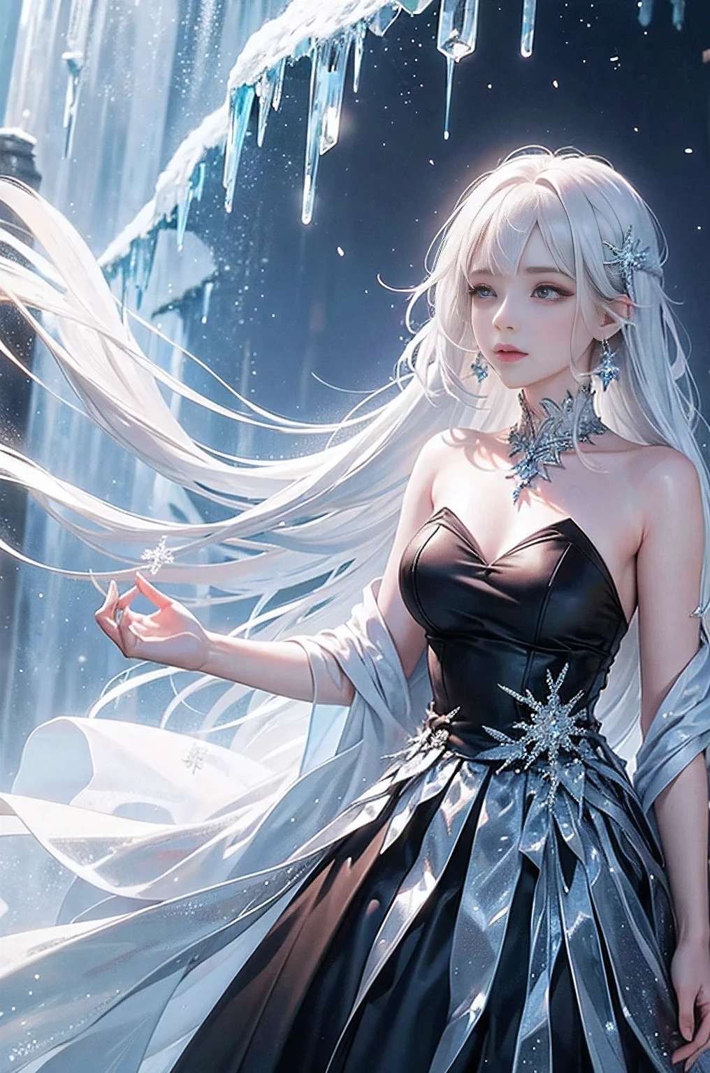 wood, Detailed mini ice spikes and crystals, Frozen waterfall as background, Light reflected on ice crystals, Flowing snowflakes.Beautiful woman、white hair、cutegirl,Realistic people,black dress