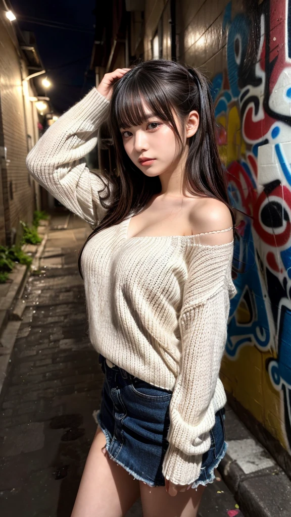 muster piece, best quality, illustration, Super detailed, fine details, High resolution, 8K,wall paper, perfect dynamic composition,(Details High quality, realistic depiction of eyes:1.3),  (Japanese teenage girl standing in a dirty back alley at night, hands on head, graffitied wall:1.1), ((white hand-knitted long sweater, v-neck sweater, oversized clothes)), black hair color, Big Natural Color Lip,  seductive face, provocative look, crying a little、cold gaze, Harajuku style、(graffiti), night time, 20 year old girl、cute type、lolita, Gravure Idol, full body photo、focus on crotch, huge breasts