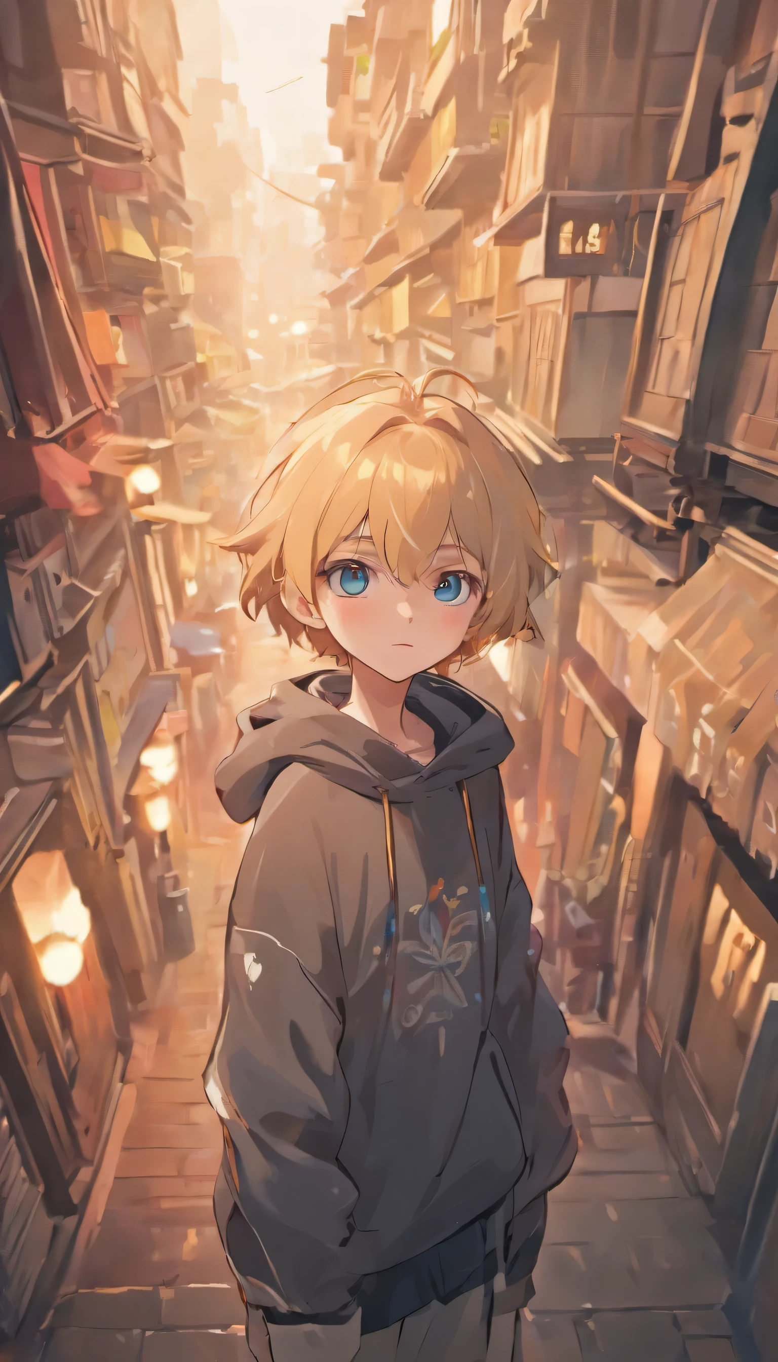 (best quality,4k,8k,highres,masterpiece:1.2),ultra-detailed,(realistic,photorealistic,photo-realistic:1.37),1boy,blue eyes,white shaggy hair,teenager,dressed in a black sweatshirt,evening,sneakers,standing,teenager,sweatpants,shaggy hair,thin,sunset,tired eyes,smile,doll face,pale,portrait,contrast lighting,vivid colors,soft color palette