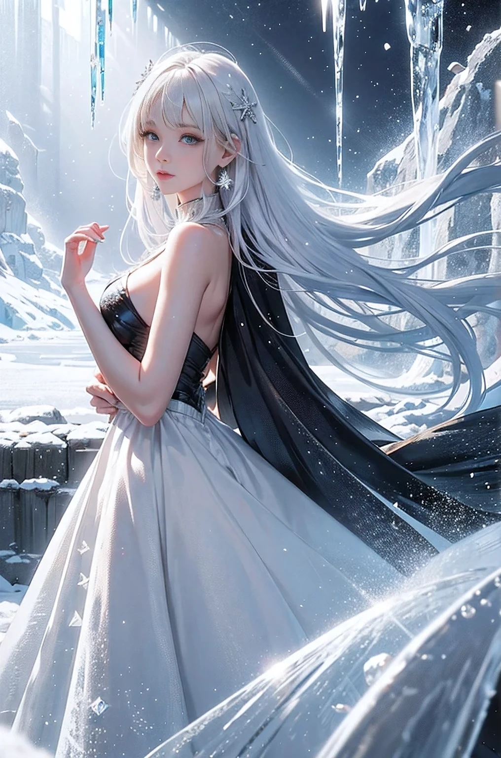 wood, Detailed mini ice spikes and crystals, Frozen waterfall as background, Light reflected on ice crystals, Flowing snowflakes.Beautiful woman、white hair、cutegirl,Realistic people,black dress
