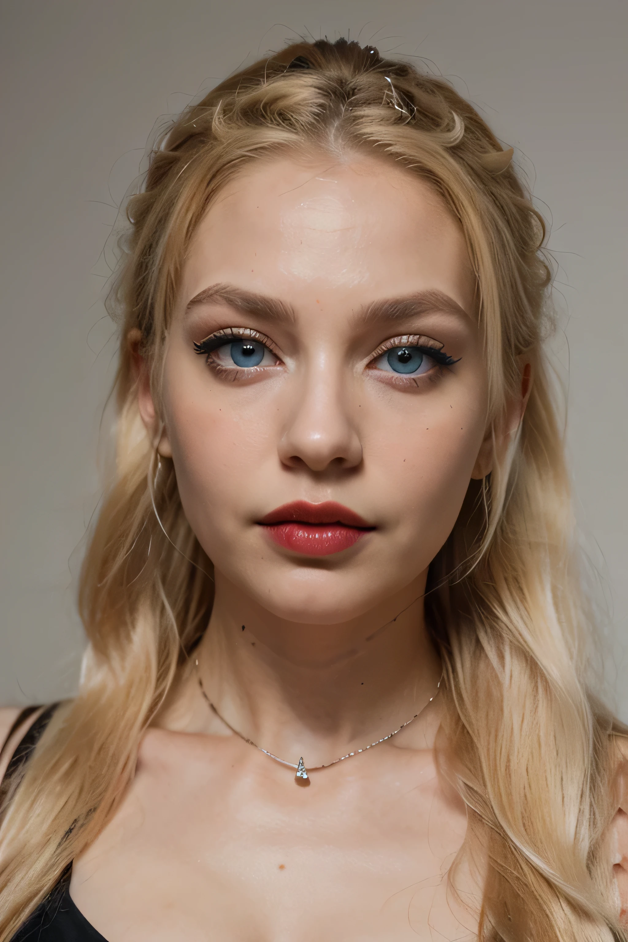 a naked young , pale white skin, long white hair, bangs hairstyle, black headband, black eyebrows, extream close up, big breasts, flat chest, highly detailed nipples, hard nipples, smiling red lipstick, bare breasts, blush, freckles, looking at viewer, big eyes, make up, beautiful face, extream high quality, studio light, highly detailed face
