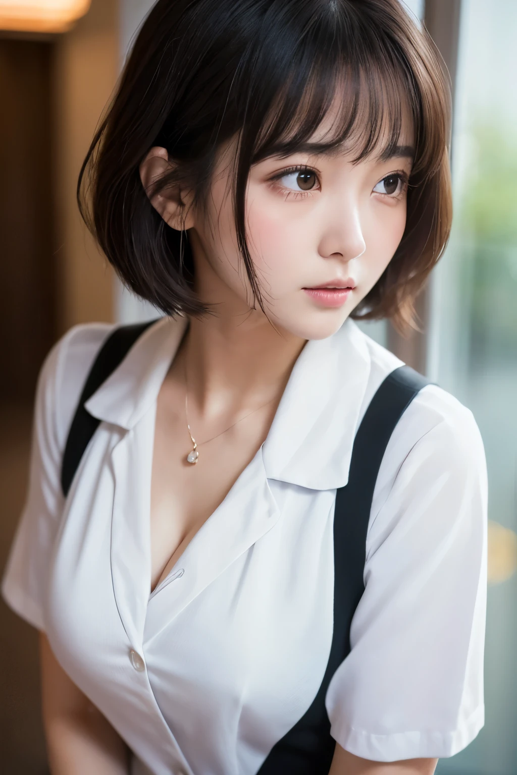 (1 Girl)、(Beautiful Japanese、18years old,round face、Refreshing、clear、seems kind、stylish、Pitiful、cute like an angel、cute、black eyes、,actress,Almond-shaped eyes), Good style , (Beautiful big breasts:1.2),(soft breasts),(very cute),(Black hair),(short bob hair),(enchanting eyes),(highlight on eyes:1.2)、(8K、Live shooting、highest quality、masterpiece:1.2、optimal lighting)、((masterpiece)),(Photo taken by a professional photographer),(real、photo real:1.4),break,{ (White nurse costume),(((taraditional nurse uniform))),,{(White nurse tight pants)},(cleavage:1.2)},( Scared:1.4),(tears:1.4))(cheeks are red:1.2), break, break,Hospital,Face shot:1.3、Night corridor、Looking at viewer:1.6, face close-up,Back view