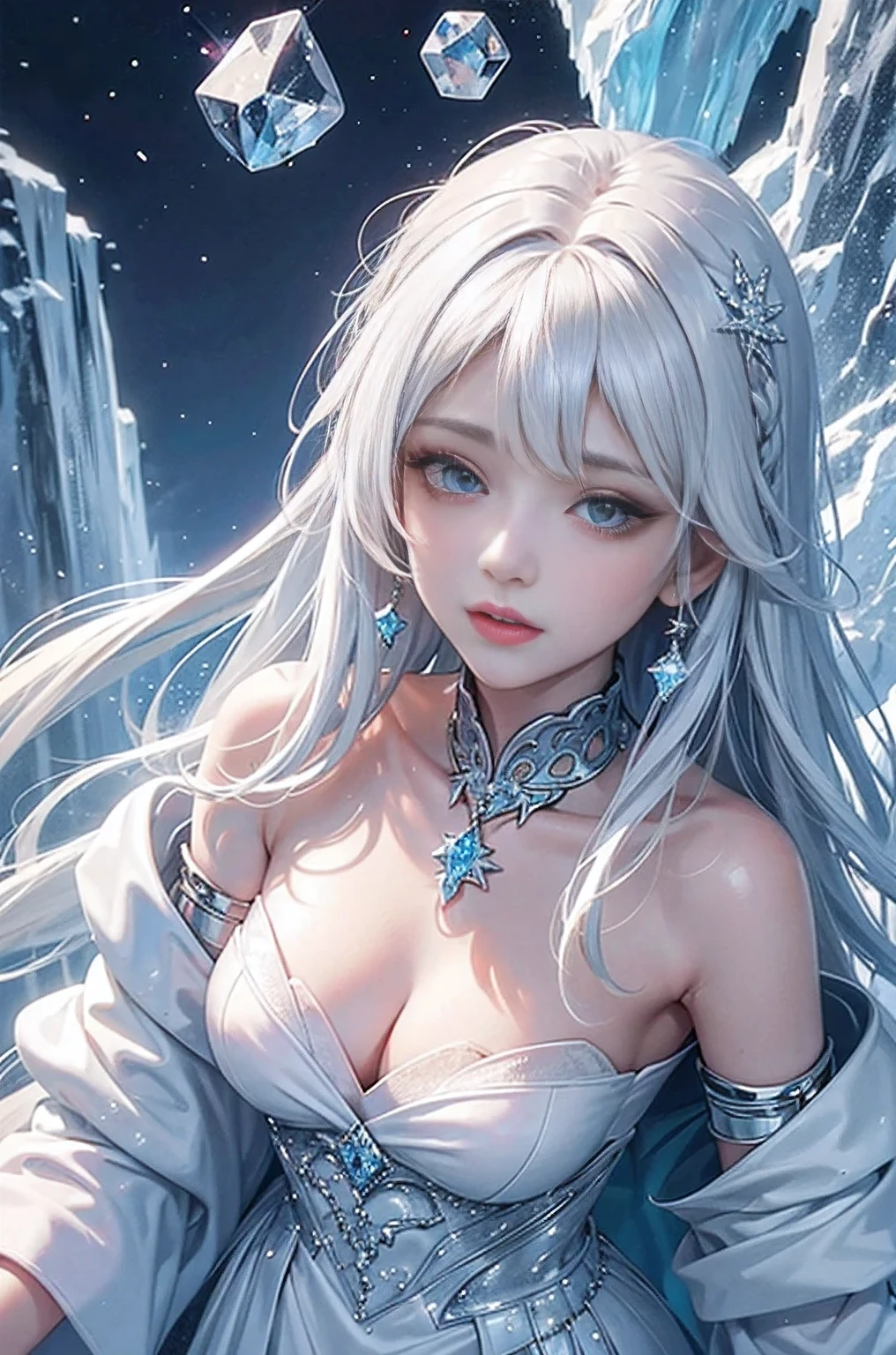 wood, Detailed mini ice spikes and crystals, Frozen waterfall as background, Light reflected on ice crystals, Flowing snowflakes.Beautiful woman、white hair、cutegirl,Realistic people,black dress