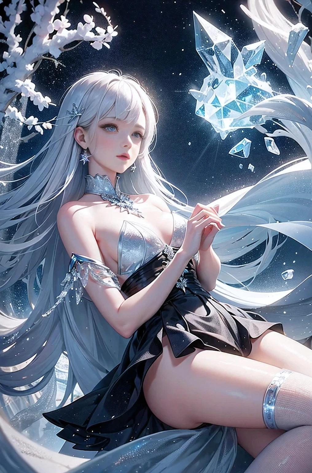wood, Detailed mini ice spikes and crystals, Frozen waterfall as background, Light reflected on ice crystals, Flowing snowflakes.Beautiful woman、white hair、cutegirl,Realistic people,black dress