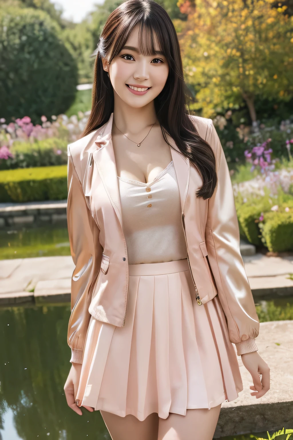 masterpiece, best quality:1.1), (8k, raw photo, photo realistic:1.2, f22), (shiny skin), detailed skin,medium hair,detailed face, detailed eyes, smile, intricate details, 1girl, jacket ,mini skirt,orange, pink, cleavage, by the pond