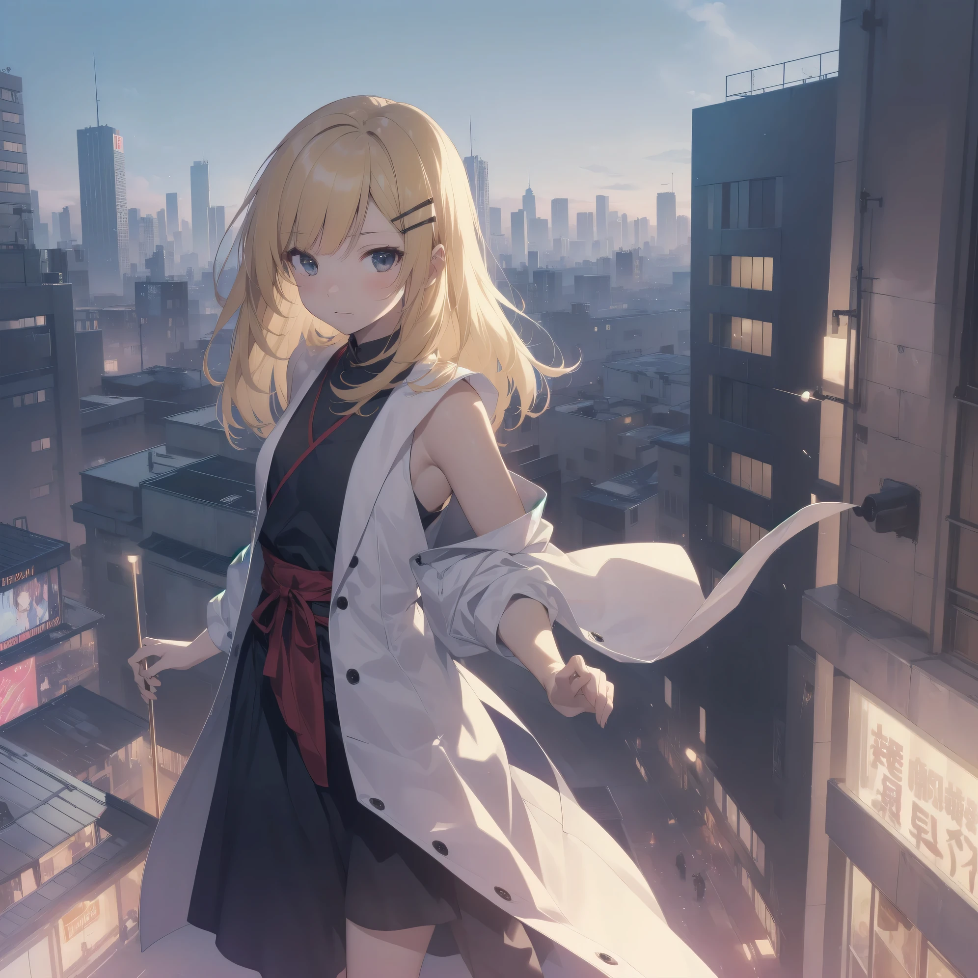 ultra-absurdres-Top quality by artist God, ultra-detailed, high resolution, anime moe artstyle, best anime 8k konachan wallpaper, pixiv contest winner, pool:2810, perfect anatomy,break, 1girl, (Please draw a Ninja girl stand and look down on the city from rooftop),from above, break,(Solo,little female, 10-year-old:1.3),Full limbs, complete fingers,((Very Short hair, blunt bangs), flat chest, , small butt, small black eyes, beautiful detailed eyes, well-proportioned iris and pupils, serious eyes, (sleeveless hanjuban),obi,ninja hakama, japanese Hairpin,ninja scarf waving in the wind,(Detailed Lighting), (Detailed background), break,super detailed skin, Best cinematic lighting powered by famous artist, 8k,beauty illustration,photoshop_(medium),very aesthetic,break,((artist:clamp )), artist:akinashi yuu ,artist:oyari ashito ,artist:kantoku ,