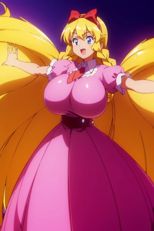 MariaRenard, 1girl, blonde hair, very_long_hair, voluminous hair, dress, solo, blue eyes, pink dress, braid, long hair, bow, twin braids, open mouth, hair bow, smile, puffy sleeves, jewelry, short sleeves, puffy short sleeves, red bow, brooch, castle, looking at viewer, hairband, :d, ribbon, outstretched arms, masterpiece, high quality, very_high_resolution, large_filesize, full color, (gigantic breasts:1.8), ((gigantic sagging breasts, gigantic breasts, sagging breasts)),(saggy tits:1.1),(sagging breast:1.1)