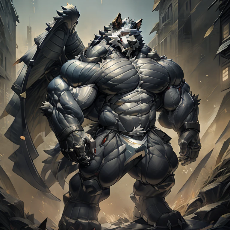 (masterpiece, best quality, detailed:1.2) detailed full body, 8K, freddy, wolf muscular werewolf, muscular! Commission for High Res, unusually developed muscular body, body full of huge muscles. pectorales enormes. Exaggeratedly huge muscles. Gigachad Muscular, 8K, Masterpiece, highres, future fiction. black visor, Detailed head, Detailed Body,full body, Detailed abs, wearing crNanosuit,strong and imposing, thicc, Spread wings, It has wings. have big wings. in a night city,