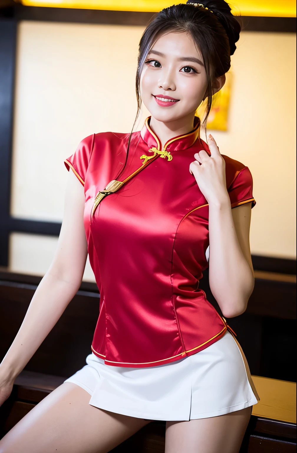 (highest quality、8k、masterpiece、Hmph:1.2)、19-year-old slender beauty,Flashy makeup using red eyeshadow,Open your mouth wide、Yōho、double eyelid,Delicate medium cut ponytail,squat、Spread your legs, Showing white panties,Her white panties are clearly visible、Sexy Chinese dress and silk mini skirt,The best smile,She is wearing a sexy short colorful cheongsam。。,Cheongsam with deep slit,Draw hands correctly,The background is the bright interior of a Chinese restaurant...,