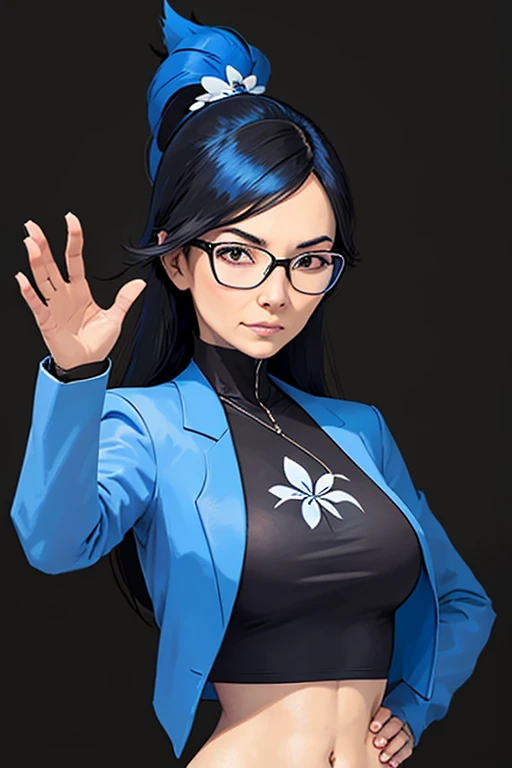 An older woman with black hair and glasses is wearing a blue top and has a flower on her jacket. She is waving at the camera.