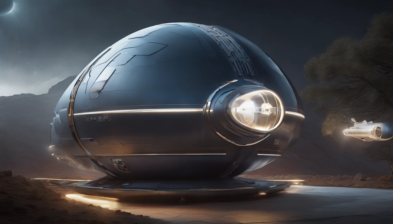 A breathtaking, futuristic 3D render of an exploration starship, meticulously designed by fusing the aesthetics of twelve cyberpunk mobile homes. The spacecraft is a captivating blend of vintage vehicles like the 1974 Winnebago, a 1980s American Bomber, and a 1924 Deusenberg, all housed within a sleek, wide tube showcasing advanced technology and defensive features. The starship features two elongated nacelles extending rearward at a 60° angle, separated by a narrow tube. This incredible spacecraft orbits Earth, surrounded by other spaceships and an orbital platform, creating an enchanting dark fantasy atmosphere. The portrait-style masterpiece is brought to life with a vibrant color palette, 3D render, typography, conceptual art, architecture, portrait photography, dark fantasy, 3d render, cinematic, illustration, fashion, product, conceptual art, poster, architecture, typography, vibrant