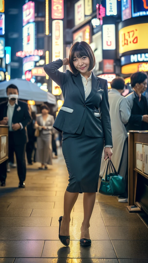 ((Top Quality)), ((8K)), ((Masterpiece: 1.3)), (Perfect Appearance), (Photorealism: 1.6), (Japanese Woman Walking in the Alley at the End of the Market), (Shinjuku Golden at Night City: 1.4), (Bar area: 1.2), (Precise background), Japanese mature woman, (60 years old), ((upright, front, center of screen)), ((realistic skin texture)), (fine wrinkles throughout the skin), (dullness of the skin), (moisture ( Wrinkles on the face), (wrinkles at the corners of the eyes), double eyelids, tear bags on the lower eyelids, eyes turned towards you, a smile with the corners of the mouth raised wide, short bangs, straight medium hair, long hair, hair blowing in the wind, (Business suit: 1.4), (long skirts), (full body portrait: 1.4),