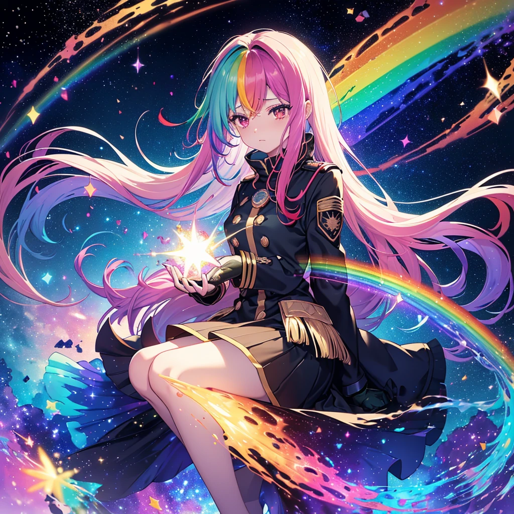 ((Fantasy Rainbow Hair Make your hair rainbow-colored on the inside Long Hair Dull red eyes Have a galaxy uniform Put on a coat without putting your arms through it Lonely despair)) ((Tears gloves)) (Broken glass Distorted Space-Time star) Catch the wind fall Shining Background Particles of light, rainbow-colored edges