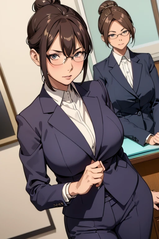 (masterpiece, best quality, detailed illustration, high resolution), ((1girl, solo)), ((huge breasts, slim waist, long legs, fit body, toned body)), ((brunette hair)), ((business suit, pants)), ((full body, closeup view)), ((standing)), ((looking at the viewer, facing the viewer)), office setting, ((tanned skin)), oiled skin, ((large breasts, mature woman, mature female, mature lady)), ((single hair bun)), (detailed eyes), ((standing)), ((good eyes, better eyes, expressive eyes)), (glasses)