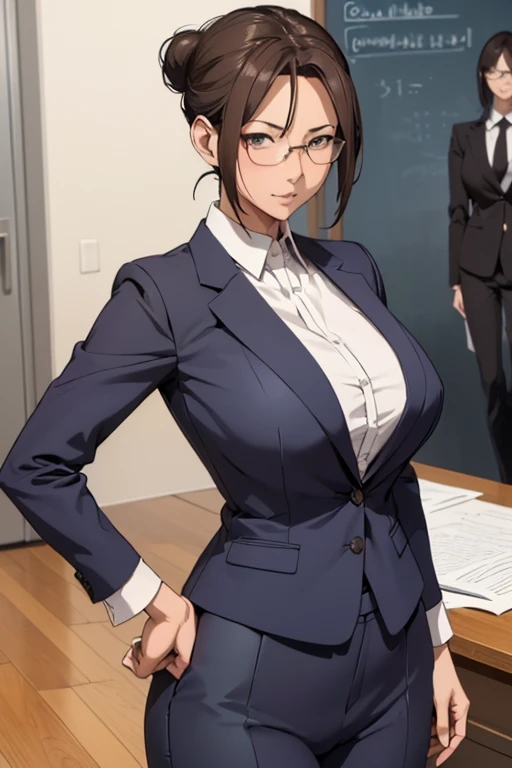(masterpiece, best quality, detailed illustration, high resolution), ((1girl, solo)), ((huge breasts, slim waist, long legs, fit body, toned body)), ((brunette hair)), ((business suit, pants)), ((full body, closeup view)), ((standing)), ((looking at the viewer, facing the viewer)), office setting, ((tanned skin)), oiled skin, ((large breasts, mature woman, mature female, mature lady)), ((single hair bun)), (detailed eyes), ((standing)), ((good eyes, better eyes, expressive eyes)), (glasses)