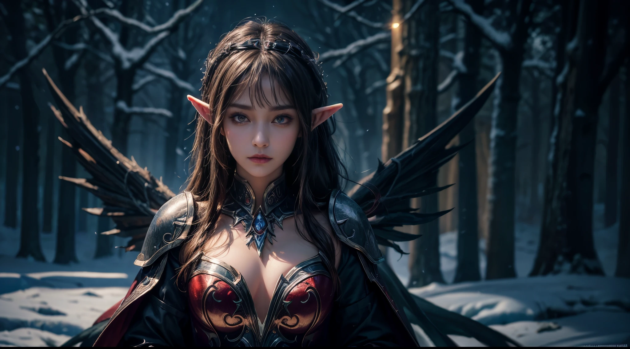 original photo, (best quality:1.3), high resolution, (masterpiece), (lifelike:1.4), Professional photography, Clear focus, High Dynamic Range, 8k resolution, Intricate details, Fine details, Depth of Field, Extremely detailed CG unified 8k wallpaper, masterpiece,poster,best quality,official art,(Beauty and aesthetics:1.2),(masterpiece:1.3),World of Warcraft Night Elves,Miss,personal,Light Leather Armor,complex pattern,winter,snow,Sunset,semi-body photography,Glowing Wings