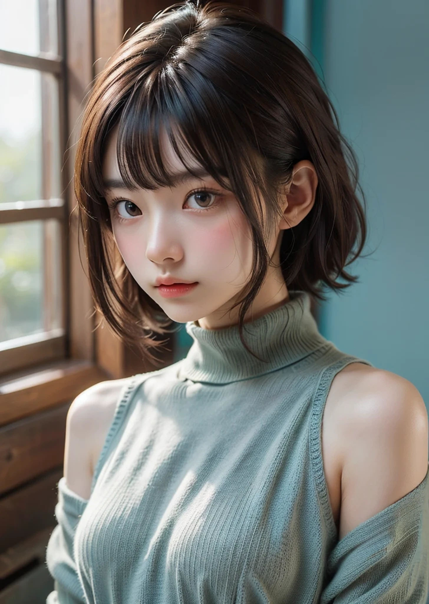 (((Waist up shot)))、(((Straight shoulder-length brown hair with bangs)))、(((On a light indoor background.)))、(((Turquoise summer sweater)))、very cute、Half Japan, Half Korean、18-year-old girl、Light eye makeup、Shiny, Ultra-realistic faces、Subtle lighting effects、 Ultra-Realistic Capture、Very detailed、High resolution 16K、Skin texture must be natural、skin is healthy、Even Tone、Use natural light and color、Worn out, High quality photos taken by modeling agencies