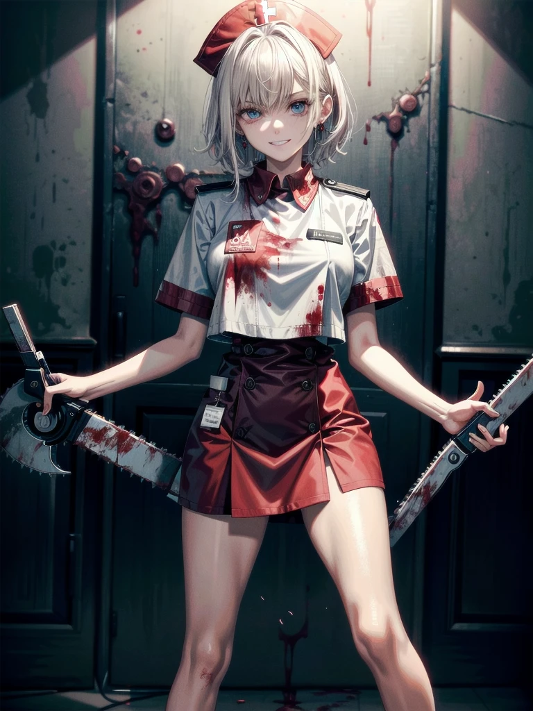 (blood), (blood splatter), (blood on clothes), (blood stain), hospital, ((nurse uniform)), (holding electric chainsaw), absurdres, RAW photo, extremely delicate and beautiful, masterpiece, Best Quality, ultra high resolution, 32k, hyperrealistic, ultra-detailed, detailed description, pale skin, 20 years old, tearful mole, earring, Colossal tits, short medium hair, wavy hair, evil grin, full body shot,