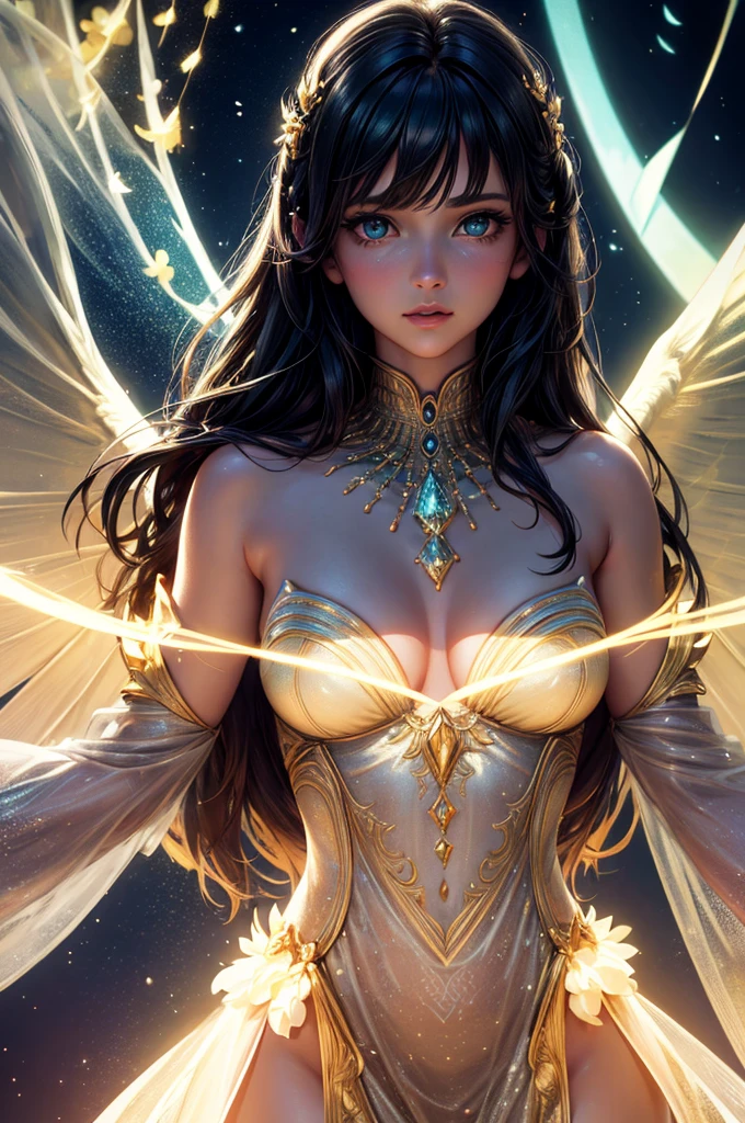 A graceful female figure，There is a delicate one, Glowing Wings, Surrounded by light, Magical creatures in the enchanted forest - subsurface skin scattering, Glowing skin, iridescent dress, Detailed background, ([Elizabeth Olsen|Anne Hathaway|Selena Gomez]:0.8), Round cute face, Green Eyes, close up, Stunning fine details, Nikon D850 film stock photos Kodak Portra 400 camera f1.6 shots, Rich colors, Lifelike textures, Dramatic Lighting, Unreal Engine, Popular on artstation, CineStill 800 Tungsten
